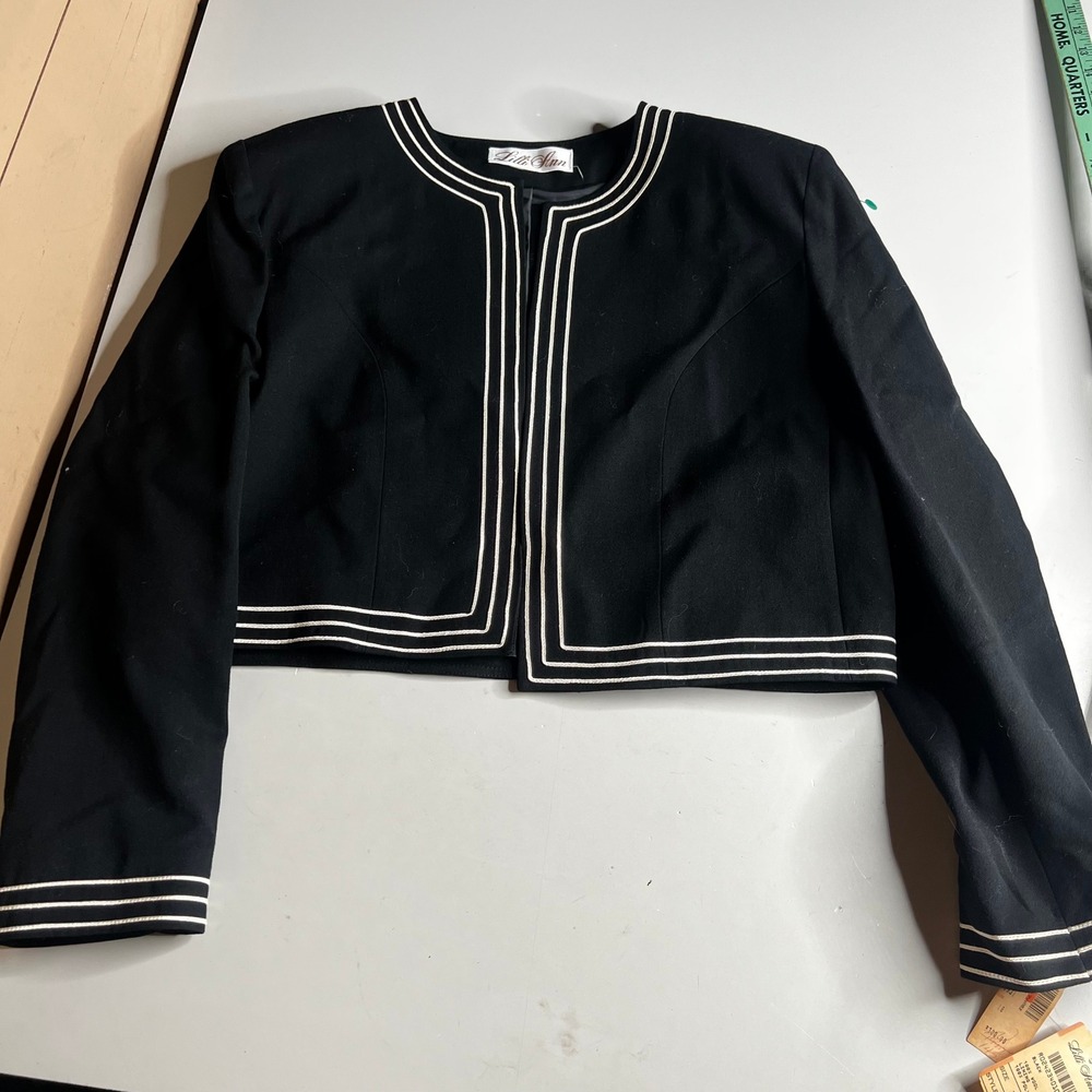 Vintage Lilli Ann Wool Cropped Jacket Black White Trim Size 18 1980s ILGWU NWT